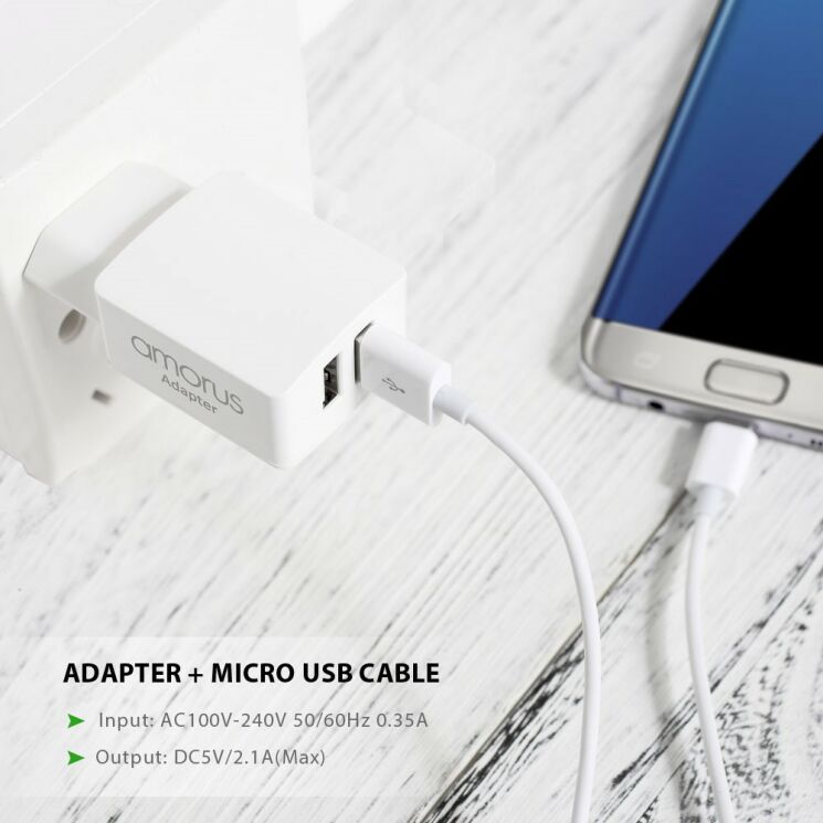 Сетевое зарядное устройство AMORUS Travell Adapter (2.1А / 2 USB) + кабель MicroUSB: фото 11 из 15