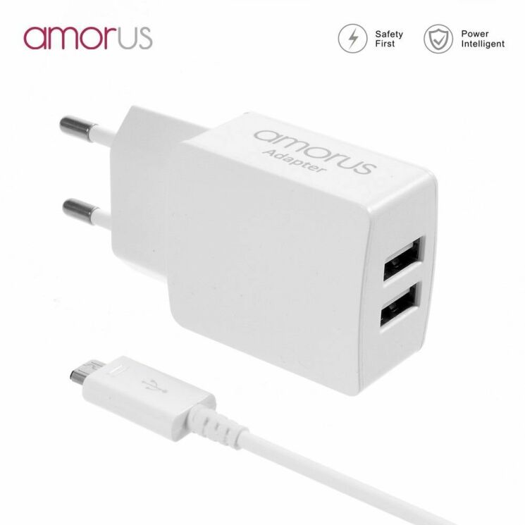 Сетевое зарядное устройство AMORUS Travell Adapter (2.1А / 2 USB) + кабель MicroUSB: фото 1 из 15