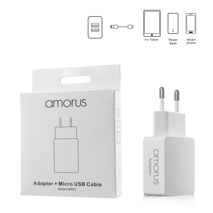 Сетевое зарядное устройство AMORUS Travell Adapter (2.1А / 2 USB) + кабель MicroUSB: фото 15 из 15