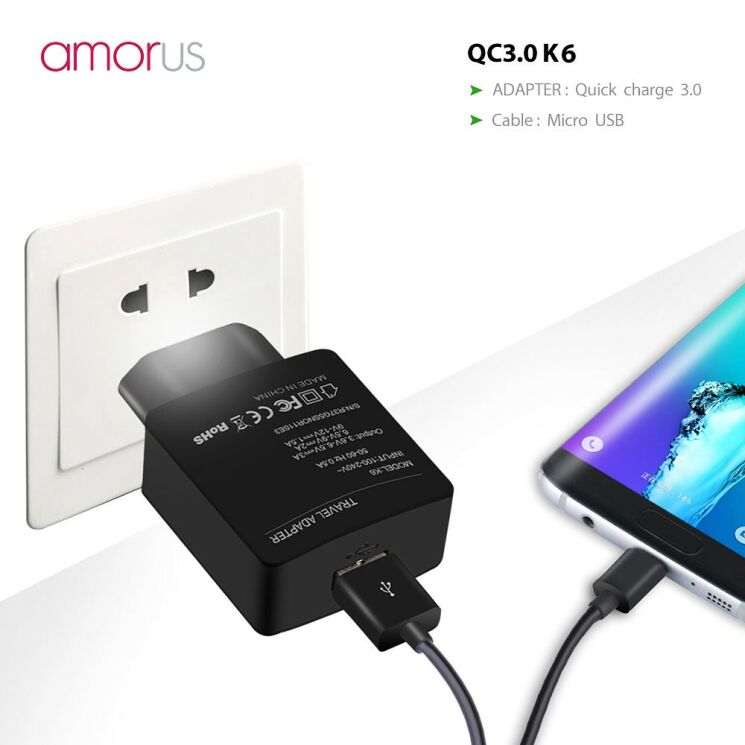 Сетевое зарядное устройство AMORUS K6 Quick Charge + кабель MicroUSB: фото 1 из 8
