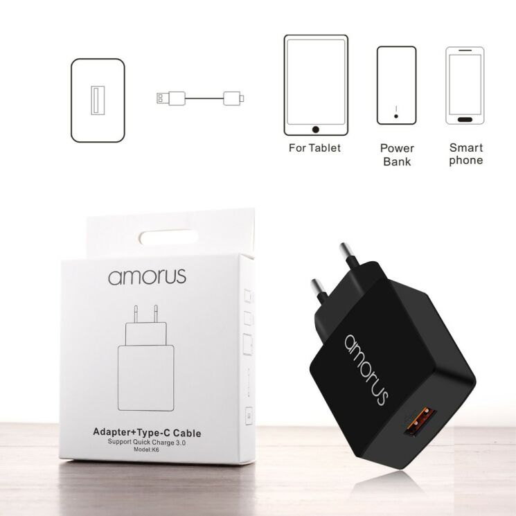 Сетевое зарядное устройство AMORUS K6 Quick Charge + кабель Type-C: фото 10 из 10