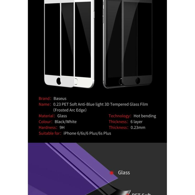 Захисне скло BASEUS 3D Full Glass для iPhone 6/6s - Black: фото 10 з 18