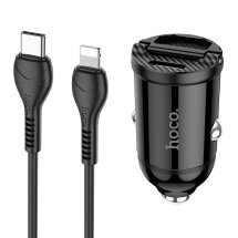 Автомобільний зарядний пристрій Hoco NZ2 Link PD30W+QC3.0 + кабель Type-C to Lightning - Black: фото 1 з 9