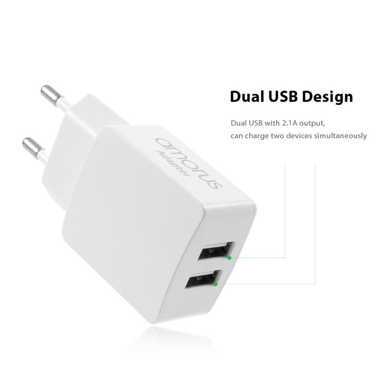 Сетевое зарядное устройство AMORUS Travell Adapter 2.1А (2 USB)+ кабель Type-C: фото 11 из 12