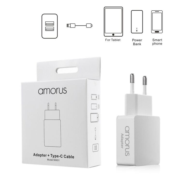 Мережевий зарядний пристрій AMORUS Travell Adapter 2.1А (2 USB)+ кабель Type-C: фото 12 з 12
