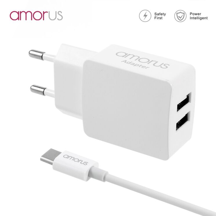 Мережевий зарядний пристрій AMORUS Travell Adapter 2.1А (2 USB)+ кабель Type-C: фото 1 з 12