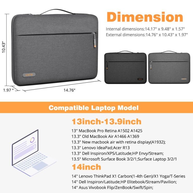 Універсальна сумка WIWU Notebook Cover для планшетів і ноутбуків діагоналлю до 14 дюймів - Dark Grey: фото 10 з 10