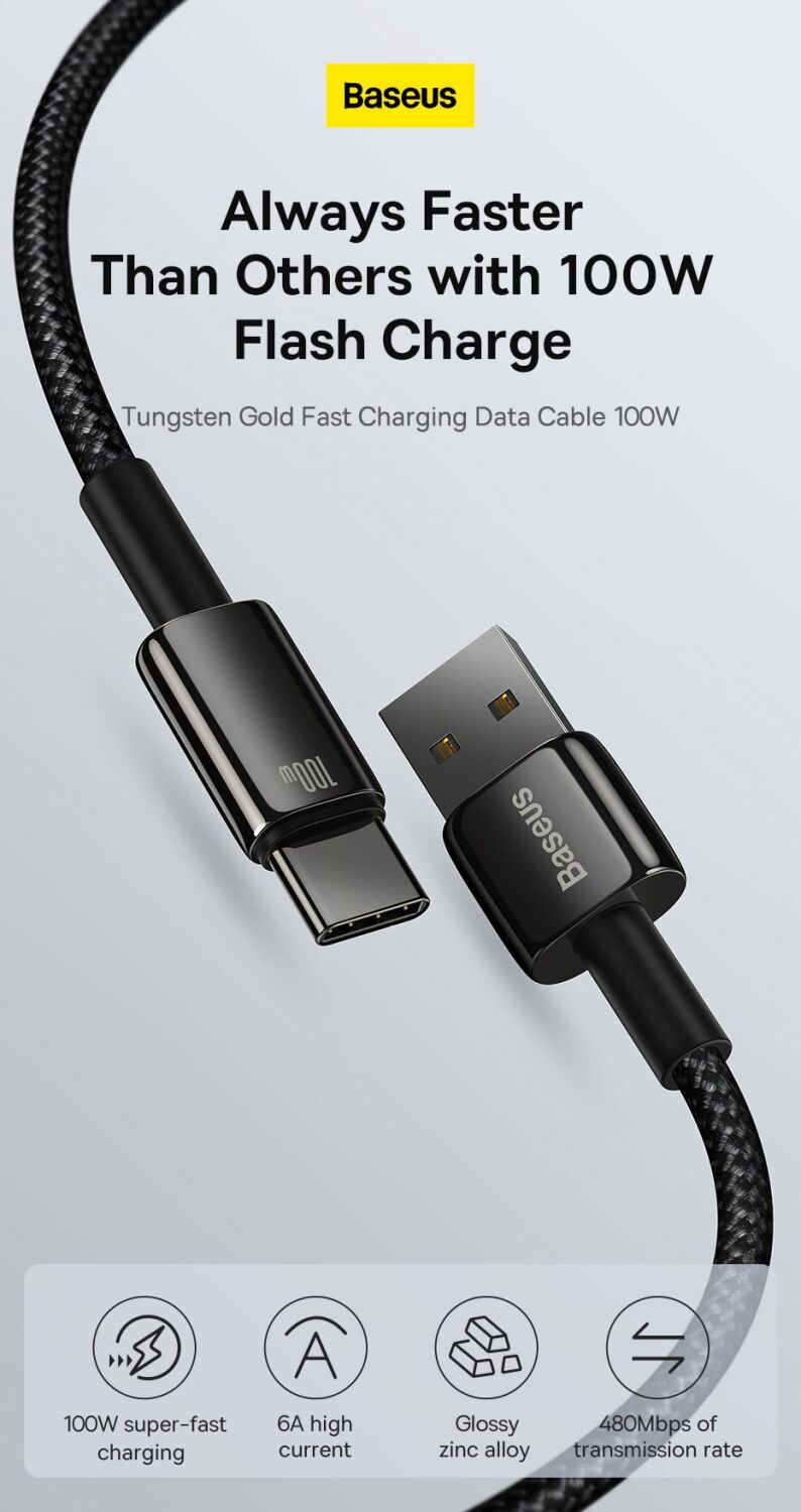 Кабель Baseus Tungsten Gold USB to Type-C (100W, 1m) CAWJ000001 - Black. Фото 8 Кабель Baseus Tungsten Gold USB to Type-C (100W, 1m) CAWJ000001 - Black (896278B). Фото 8 з 22