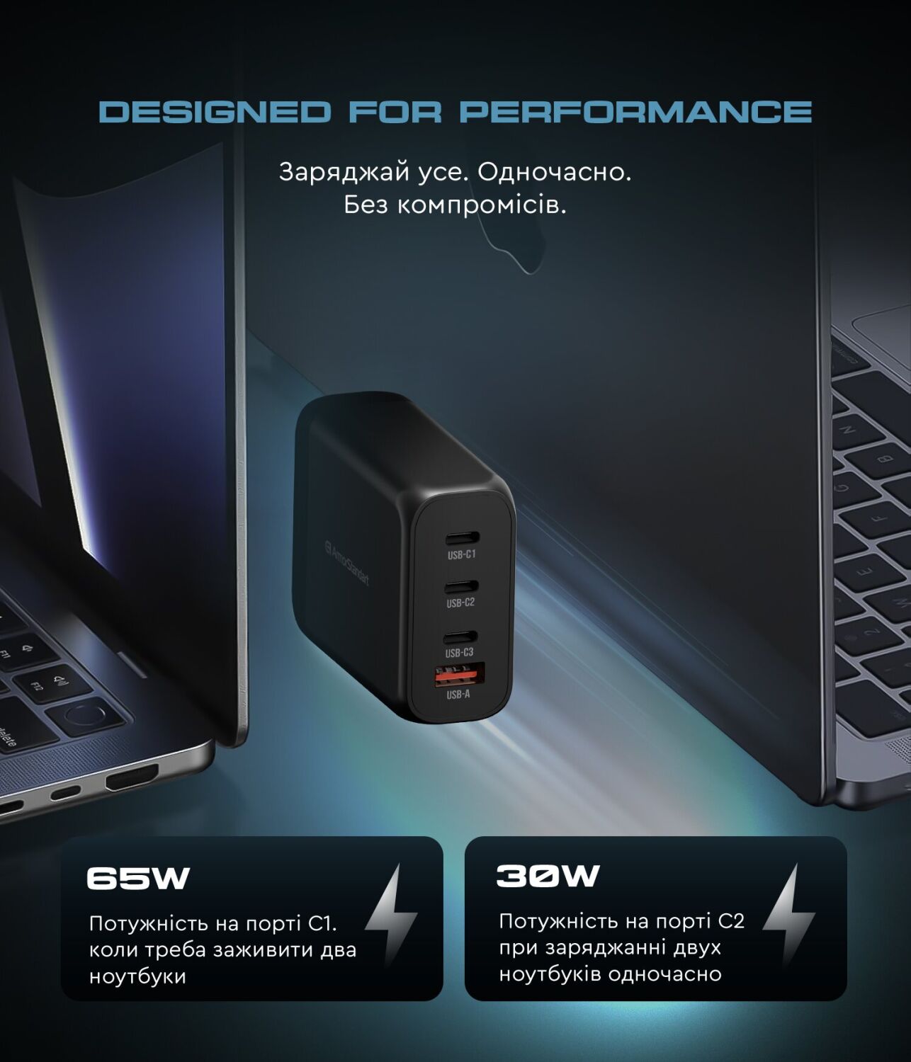 Сетевое зарядное устройство ArmorStandart Resolute Power GaN 100W (3Type-C + USB) - Black. Фото 7 Сетевое зарядное устройство ArmorStandart Resolute Power GaN 100W (3Type-C + USB) - Black (995621B). Фото 7 из 12