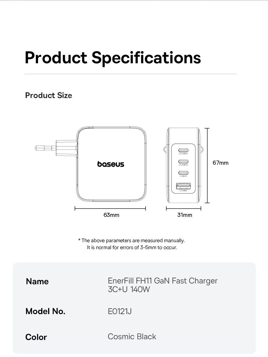Мережевий зарядний пристрій Baseus EnerFill FH11 GaN 3C+U (140W) E0121J00 - Black. Фото 16 Мережевий зарядний пристрій Baseus EnerFill FH11 GaN 3C+U (140W) E0121J00 - Black (995690B). Фото 16 з 18