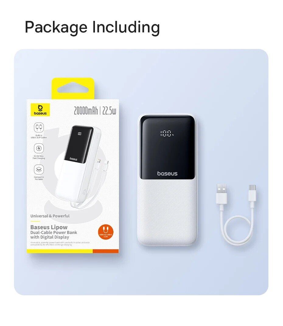 Внешний аккумулятор Baseus Lipow 22.5W (20000mAh) + кабель Type-C + Lightning (P10079102213-00) - White. Фото 24 Внешний аккумулятор Baseus Lipow 22.5W (20000mAh) + кабель Type-C + Lightning (P10079102213-00) - White (995777W). Фото 24 из 25