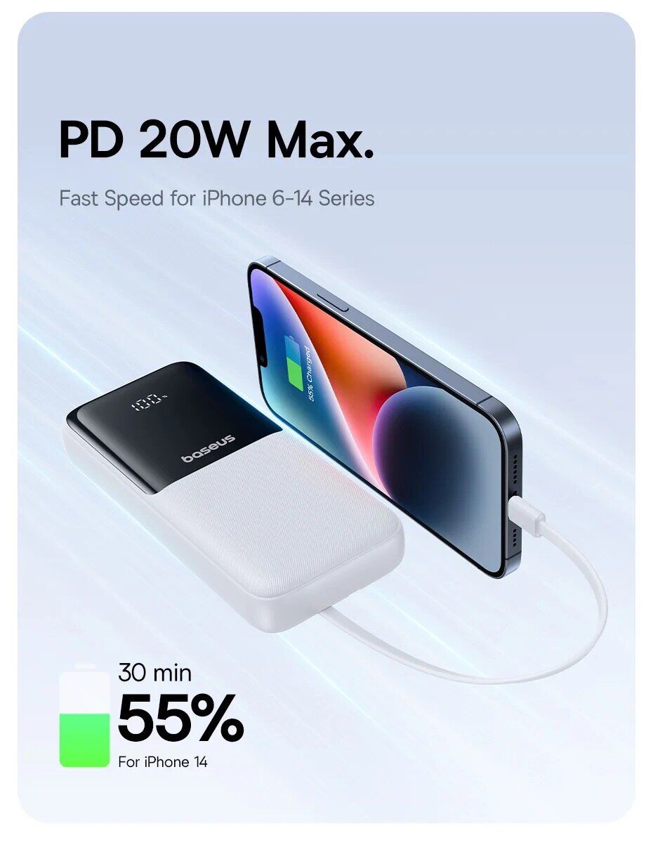 Внешний аккумулятор Baseus Lipow 22.5W (20000mAh) + кабель Type-C + Lightning (P10079102213-00) - White. Фото 12 Внешний аккумулятор Baseus Lipow 22.5W (20000mAh) + кабель Type-C + Lightning (P10079102213-00) - White (995777W). Фото 12 из 25