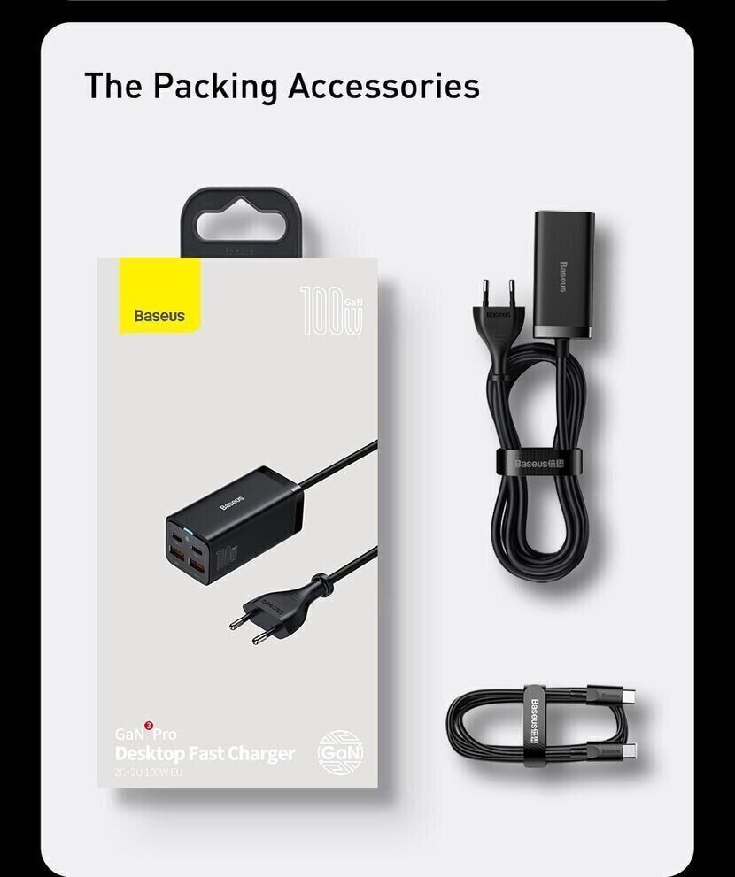 Сетевое зарядное устройство Baseus GaN3 Pro Desktop Fast Charger 2U+2C (100W) CCGP000101 - Black. Фото 29 Сетевое зарядное устройство Baseus GaN3 Pro Desktop Fast Charger 2U+2C (100W) CCGP000101 - Black (995675B). Фото 29 из 30