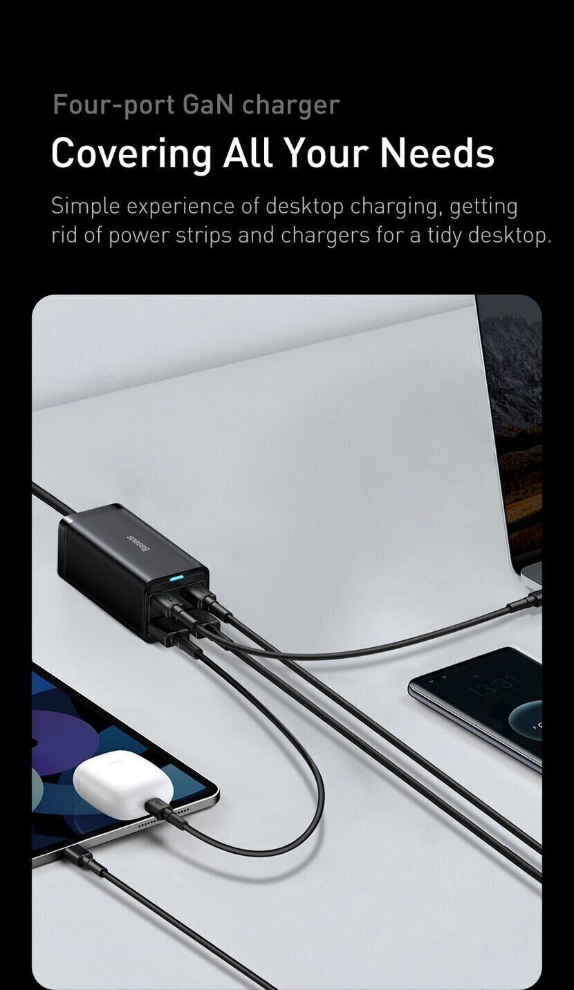 Сетевое зарядное устройство Baseus GaN3 Pro Desktop Fast Charger 2U+2C (100W) CCGP000101 - Black. Фото 12 Сетевое зарядное устройство Baseus GaN3 Pro Desktop Fast Charger 2U+2C (100W) CCGP000101 - Black (995675B). Фото 12 из 30