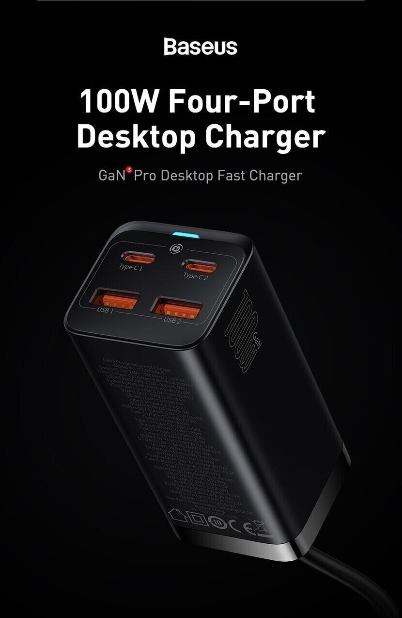 Сетевое зарядное устройство Baseus GaN3 Pro Desktop Fast Charger 2U+2C (100W) CCGP000101 - Black. Фото 10 Сетевое зарядное устройство Baseus GaN3 Pro Desktop Fast Charger 2U+2C (100W) CCGP000101 - Black (995675B). Фото 10 из 30