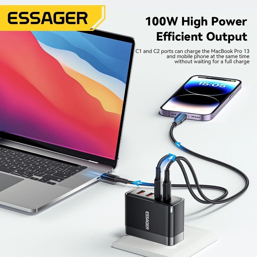 Сетевое зарядное устройство ESSAGER Grace 100W (2Type-C + 2USB) ECT2CA-QYB01-Z - Black. Фото 9 Сетевое зарядное устройство ESSAGER Grace 100W (2Type-C + 2USB) ECT2CA-QYB01-Z - Black (995676B). Фото 9 из 12