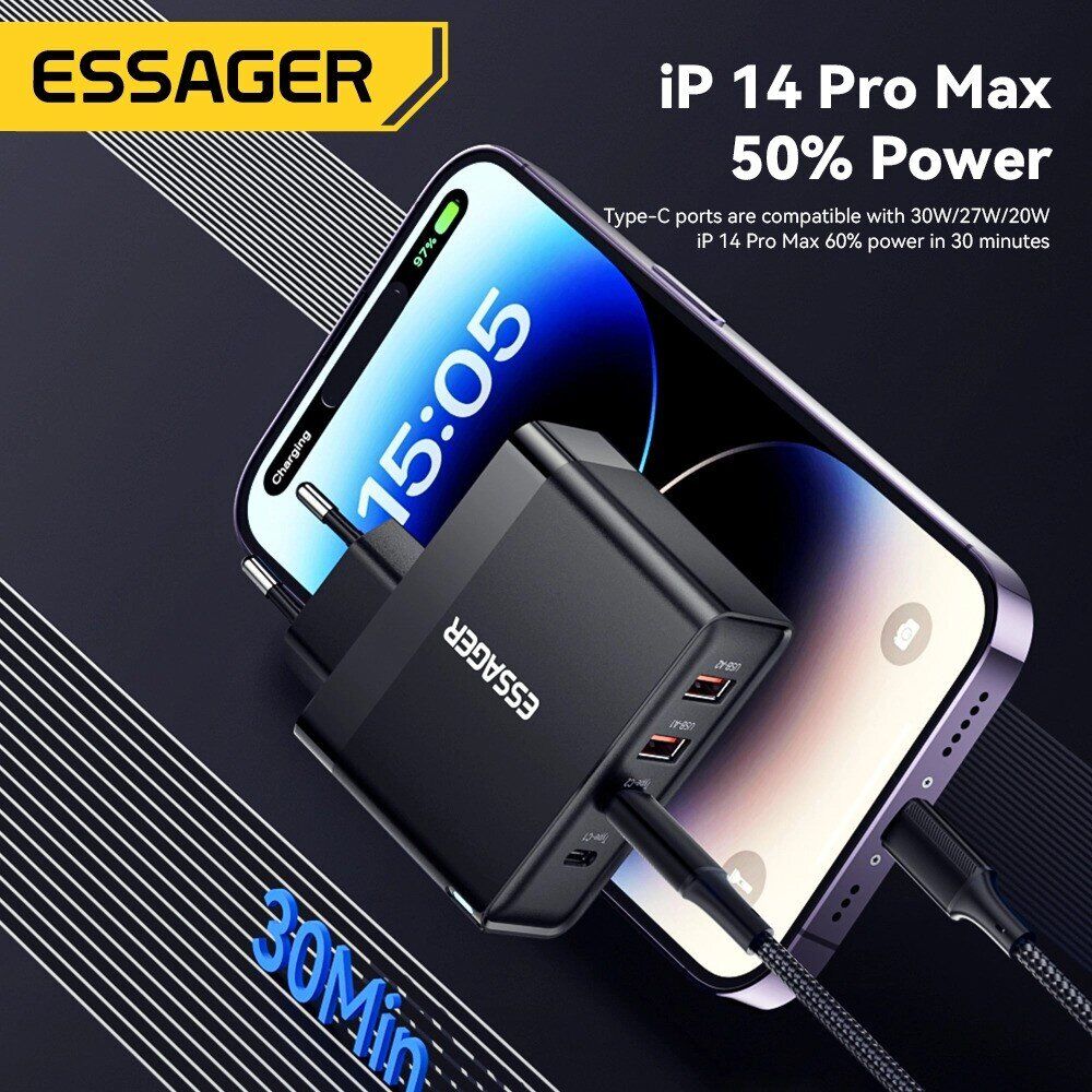 Сетевое зарядное устройство ESSAGER Grace 100W (2Type-C + 2USB) ECT2CA-QYB01-Z - Black. Фото 8 Сетевое зарядное устройство ESSAGER Grace 100W (2Type-C + 2USB) ECT2CA-QYB01-Z - Black (995676B). Фото 8 из 12