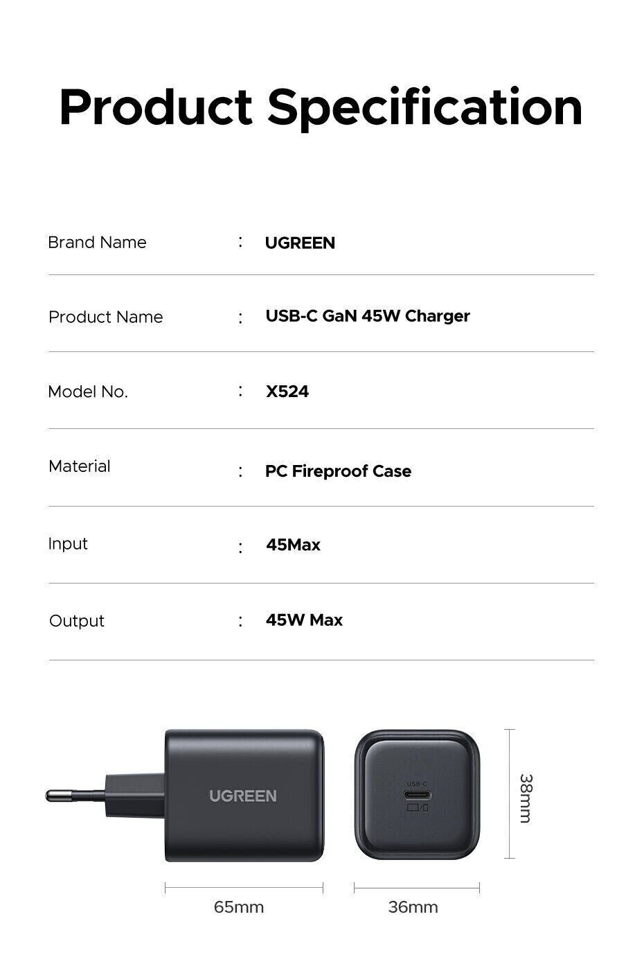 Мережевий зарядний пристрій UGREEN X524 GaN 45W Type-C (65052) - Black. Фото 11 Мережевий зарядний пристрій UGREEN X524 GaN 45W Type-C (65052) - Black (960244B). Фото 11 з 12