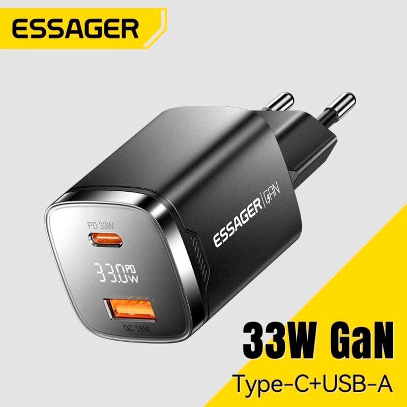 Сетевое зарядное устройство ESSAGER Gamet 33W GaN C+U (ECT33W-GMB01-Z) - Black. Фото 5 Сетевое зарядное устройство ESSAGER Gamet 33W GaN C+U (ECT33W-GMB01-Z) - Black (995691B). Фото 5 из 12