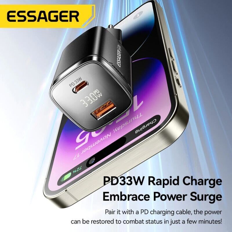 Сетевое зарядное устройство ESSAGER Gamet 33W GaN C+U (ECT33W-GMB01-Z) - Black. Фото 7 Сетевое зарядное устройство ESSAGER Gamet 33W GaN C+U (ECT33W-GMB01-Z) - Black (995691B). Фото 7 из 12