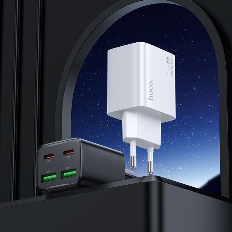 Мережевий зарядний пристрій Hoco N55 20W 2C+2U + кабель Type-C to Type-C - Black. Фото 6 Мережевий зарядний пристрій Hoco N55 20W 2C+2U + кабель Type-C to Type-C - Black (960126B). Фото 6 з 7