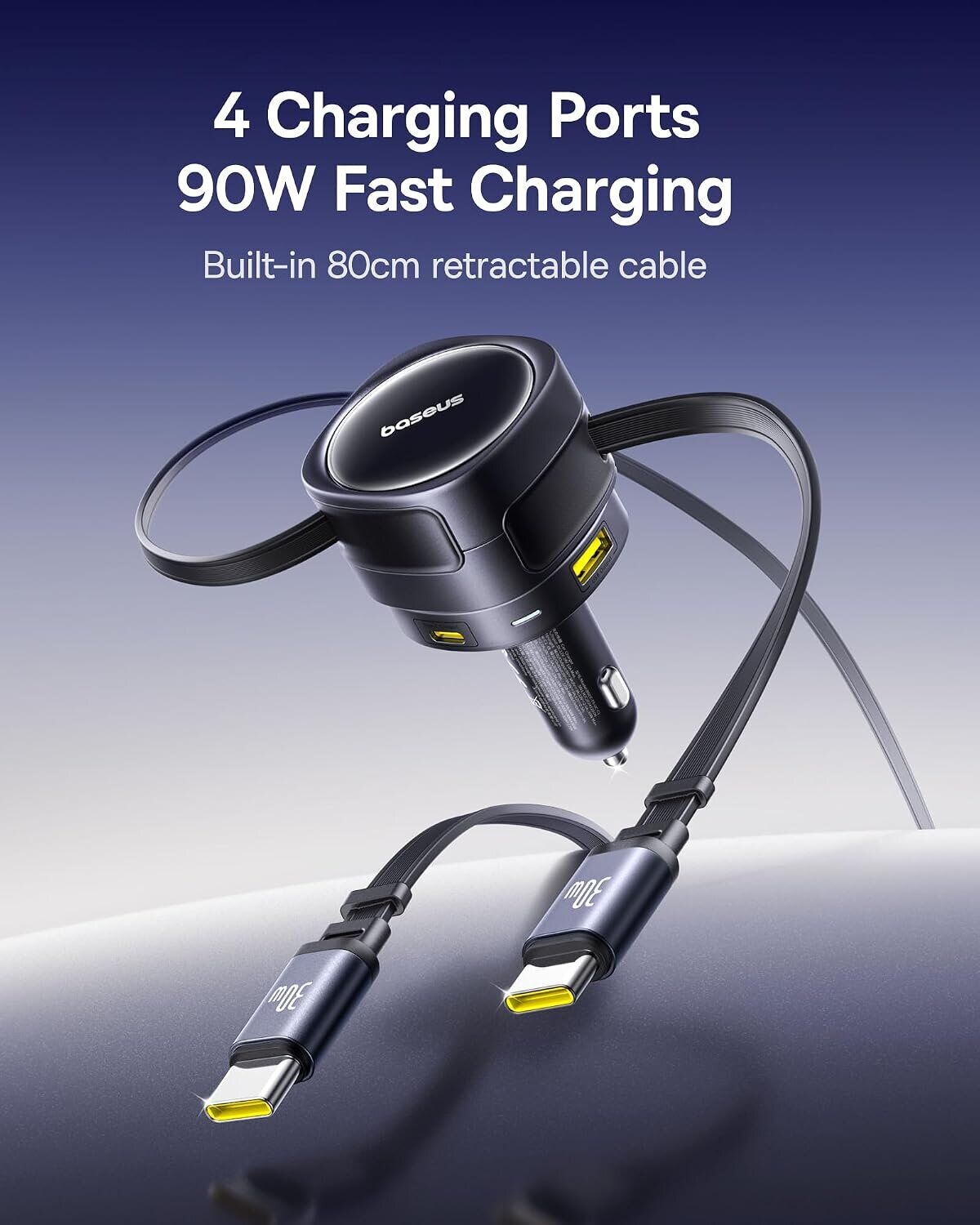 Автомобильное зарядное устройство Baseus Enjoyment Max Retractable (90W) + кабель Type-C+Type-C (C00035507121) - Black. Фото 5 Автомобильное зарядное устройство Baseus Enjoyment Max Retractable (90W) + кабель Type-C+Type-C (C00035507121) - Black (923422B). Фото 5 из 8