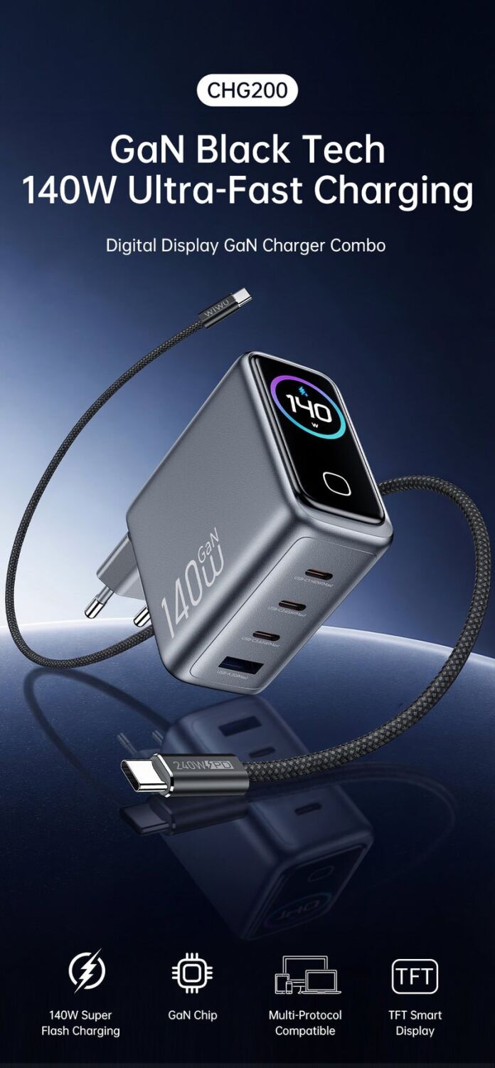 Сетевое зарядное устройство WIWU CHG200 Voyager PD140W + QC3.0 (USB + 3Type-C) + кабель Type-C to Type-C - Grey. Фото 4 Сетевое зарядное устройство WIWU CHG200 Voyager PD140W + QC3.0 (USB + 3Type-C) + кабель Type-C to Type-C - Grey (995668H). Фото 4 из 11