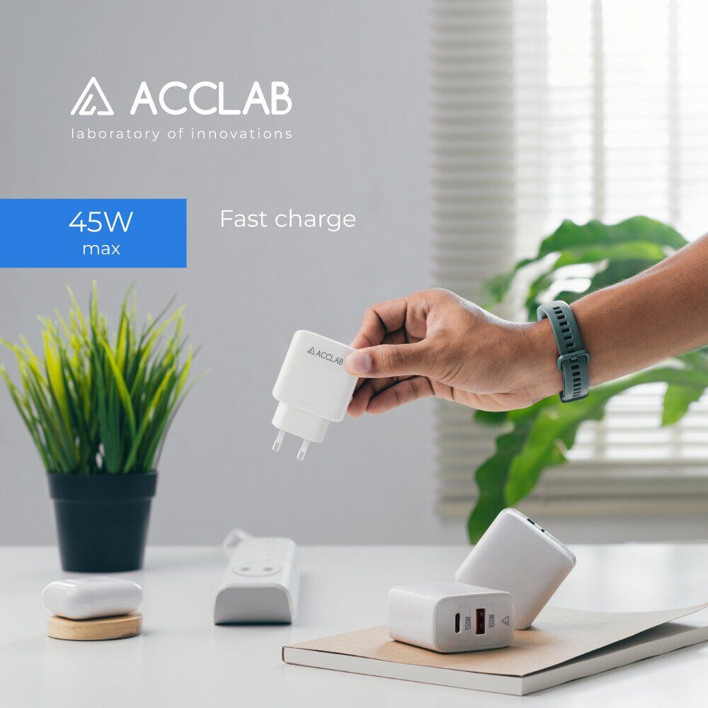 Мережевий зарядний пристрій ACCLAB AL-TC452 PD45W + QC4.0 (USB + Type-C) - White. Фото 3 Мережевий зарядний пристрій ACCLAB AL-TC452 PD45W + QC4.0 (USB + Type-C) - White (995682W). Фото 3 з 8