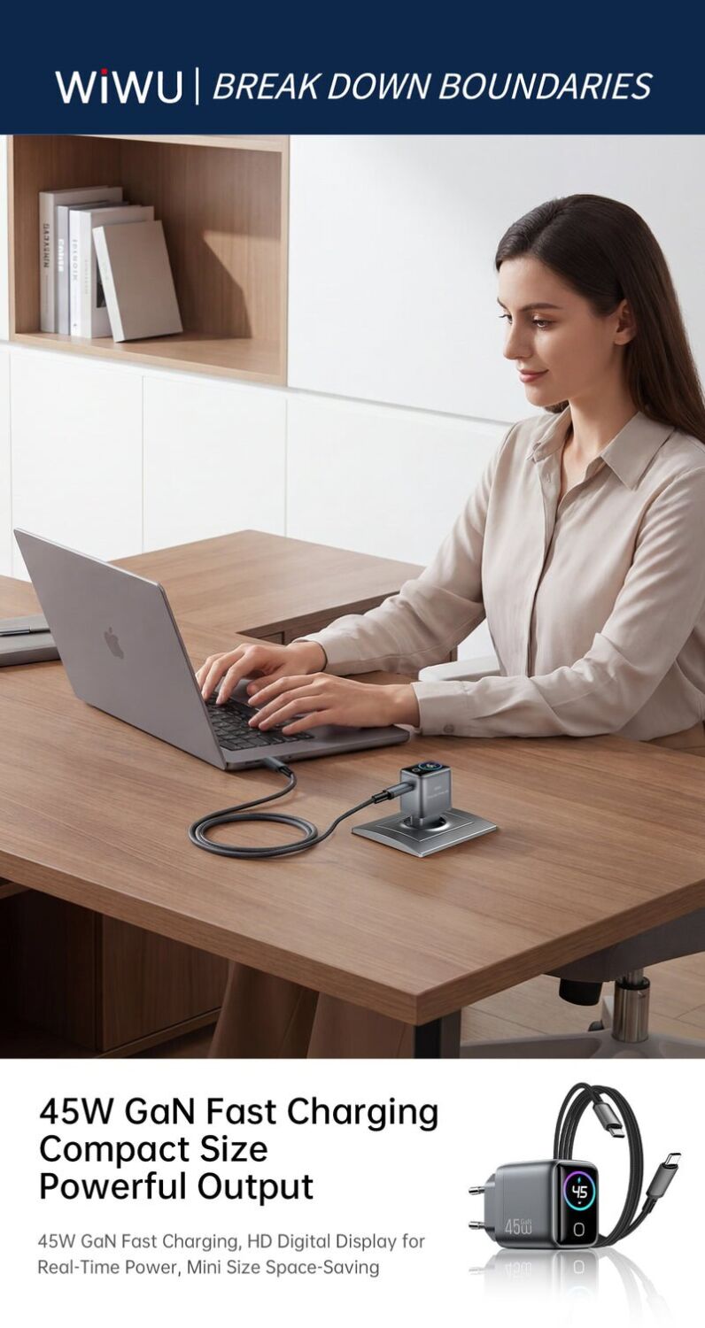 Сетевое зарядное устройство WIWU CHG500 Voyager PD45W (Type-C) + кабель Type-C to Type-C - Grey. Фото 6 Сетевое зарядное устройство WIWU CHG500 Voyager PD45W (Type-C) + кабель Type-C to Type-C - Grey (995670H). Фото 6 из 8
