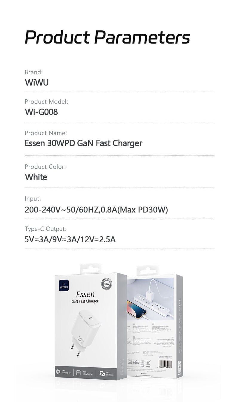 Сетевое зарядное устройство WIWU G008 Essen PD30W GaN (Type-C) - White. Фото 11 Сетевое зарядное устройство WIWU G008 Essen PD30W GaN (Type-C) - White (995671W). Фото 11 из 12