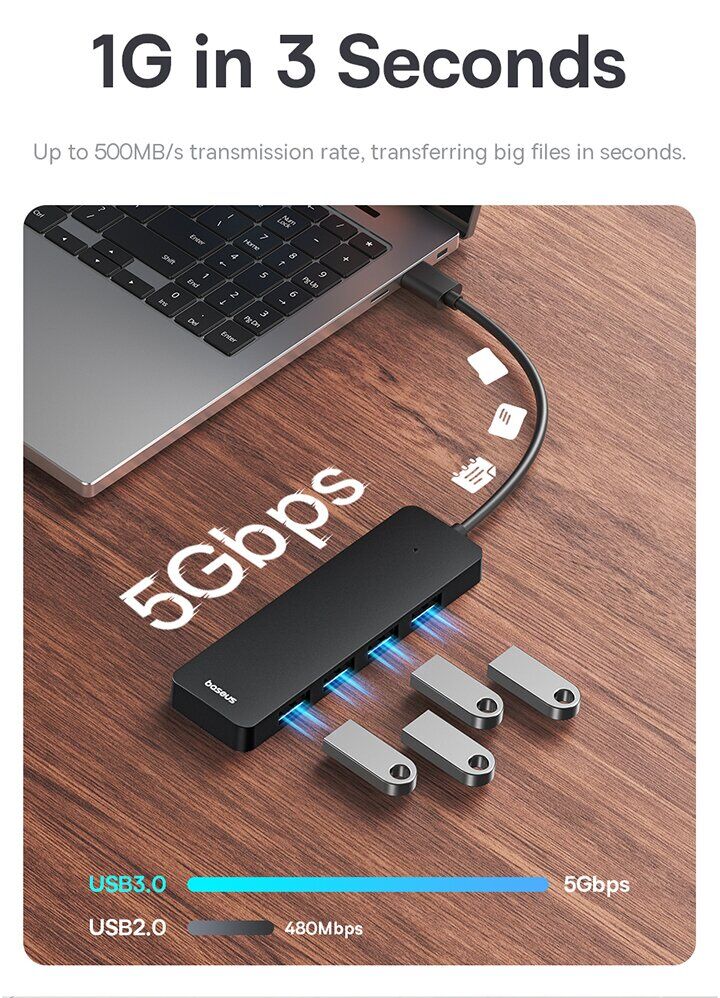 USB HUB Baseus UltraJoy Series USB to 4USB3.0 (0.5m) B0005280B811-04 - Space Gray. Фото 11 USB HUB Baseus UltraJoy Series USB to 4USB3.0 (0.5m) B0005280B811-04 - Space Gray (896482H). Фото 11 из 15