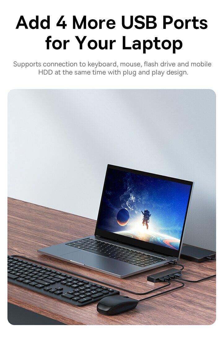 USB HUB Baseus UltraJoy Series USB to 4USB3.0 (0.5m) B0005280B811-04 - Space Gray. Фото 10 USB HUB Baseus UltraJoy Series USB to 4USB3.0 (0.5m) B0005280B811-04 - Space Gray (896482H). Фото 10 из 15