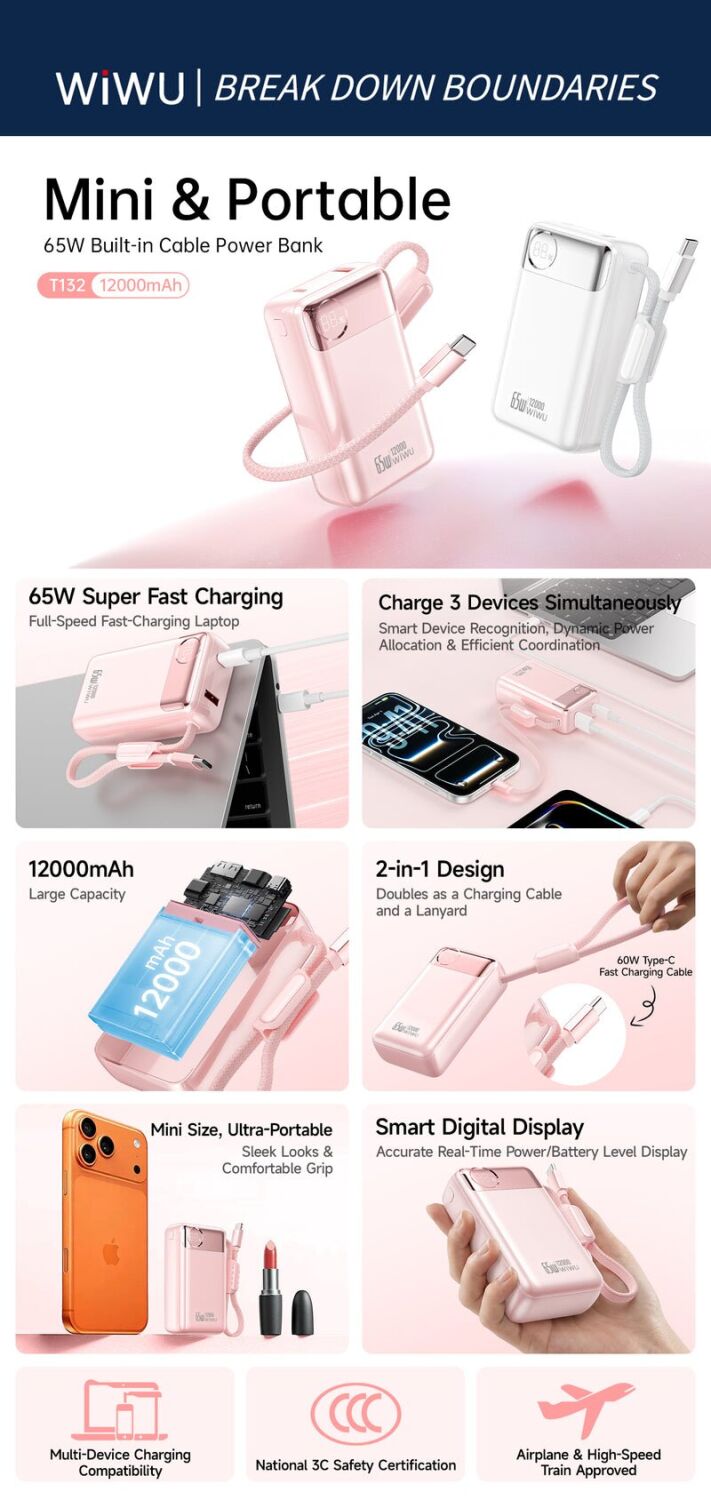 Внешний аккумулятор WiWU T132 65W (12000 mAh) + кабель Type-C - White. Фото 6 Внешний аккумулятор WiWU T132 65W (12000 mAh) + кабель Type-C - White (995763W). Фото 6 из 7