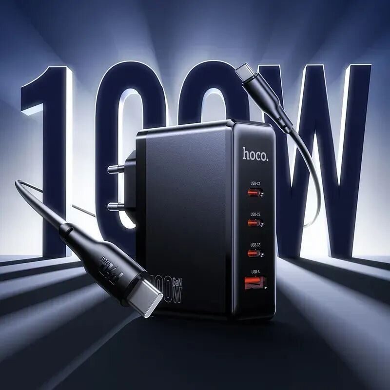 Мережевий зарядний пристрій Hoco N85 GaN 100W (3Type-C + USB) - Black. Фото 8 Мережевий зарядний пристрій Hoco N85 GaN 100W (3Type-C + USB) - Black (996002B). Фото 8 з 9