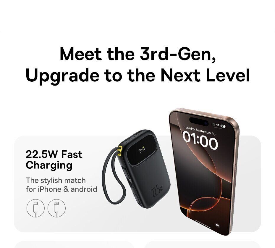 Внешний аккумулятор Baseus EnerFill FC31 22.5W (10000mAh) + кабель Type-C + Lightning (PPQD3) - White. Фото 5 Внешний аккумулятор Baseus EnerFill FC31 22.5W (10000mAh) + кабель Type-C + Lightning (PPQD3) - White (995799W). Фото 5 из 18