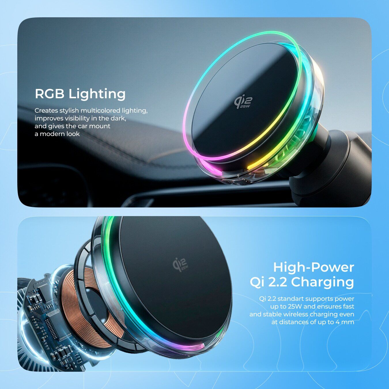 Автомобильный держатель с функцией беспроводной зарядки Proove Light Crystal Qi2.2 (25W) - Gray. Фото 7 Автомобильный держатель с функцией беспроводной зарядки Proove Light Crystal Qi2.2 (25W) - Gray (982709H). Фото 7 из 11