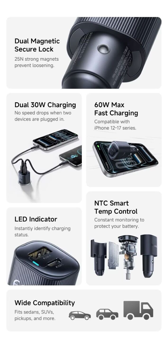 Автомобильное зарядное устройство Baseus PrimeTrip VP2 60W (Type-C + USB) C0207400 - Black. Фото 5 Автомобильное зарядное устройство Baseus PrimeTrip VP2 60W (Type-C + USB) C0207400 - Black (923425B). Фото 5 из 24