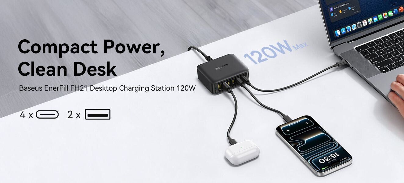 Сетевое зарядное устройство Baseus FH21 2U + 4C (120W) E0120T - White. Фото 4 Сетевое зарядное устройство Baseus FH21 2U + 4C (120W) E0120T - White (995694W). Фото 4 из 22