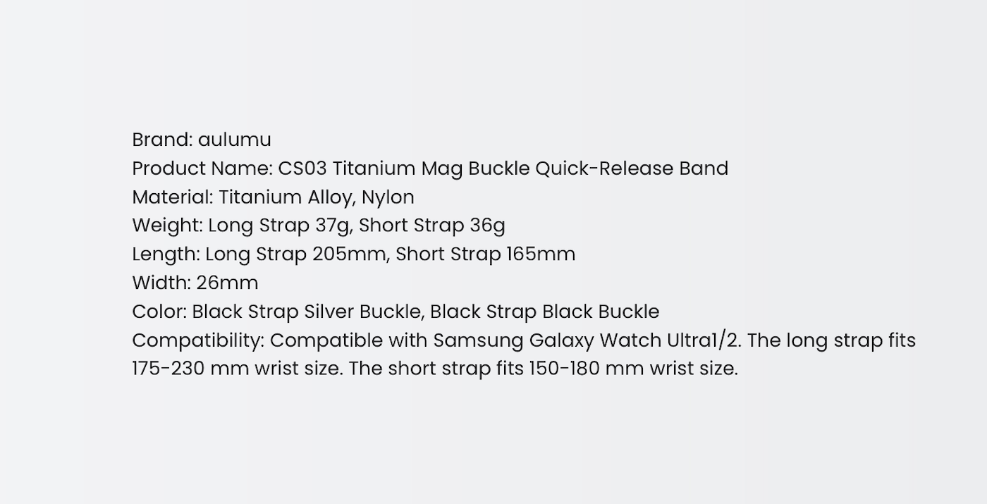 Ремінець AULUMU CS03 Titanium Mag Buckle Quick-Release Band для Samsung Galaxy Watch Ultra 2 / Ultra / Ultra (2025) - Black. Фото 11 Ремінець AULUMU CS03 Titanium Mag Buckle Quick-Release Band для Samsung Galaxy Watch Ultra 2 / Ultra / Ultra (2025) - Black (427020B). Фото 11 з 12