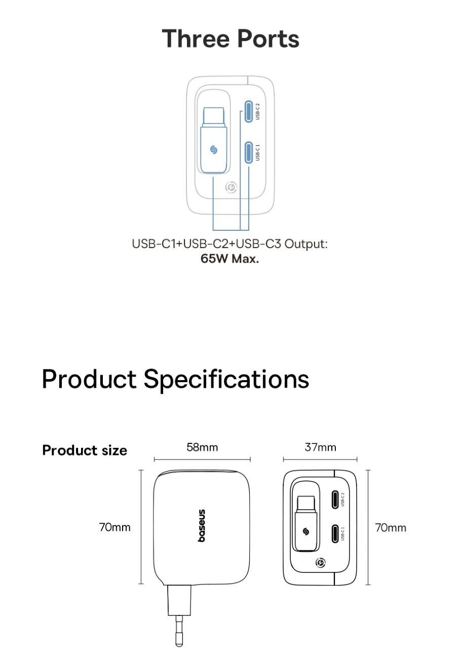 Сетевое зарядное устройство Baseus EnerCore CJ11 3C (67W) + кабель Type-C (E0121E00) - Black. Фото 15 Сетевое зарядное устройство Baseus EnerCore CJ11 3C (67W) + кабель Type-C (E0121E00) - Black (995628B). Фото 15 из 16