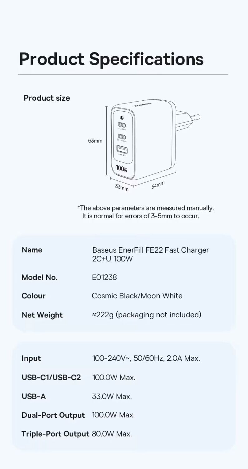 Сетевое зарядное устройство Baseus EnerFill FE22 100W (2Type-C + USB) E0123801 - White. Фото 30 Сетевое зарядное устройство Baseus EnerFill FE22 100W (2Type-C + USB) E0123801 - White (995698W). Фото 30 из 32