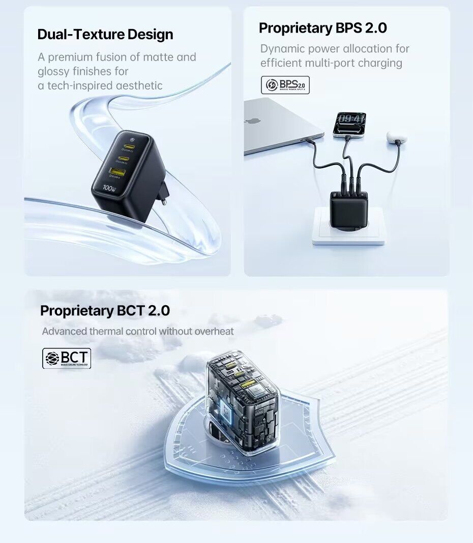 Сетевое зарядное устройство Baseus EnerFill FE22 100W (2Type-C + USB) E0123801 - White. Фото 6 Сетевое зарядное устройство Baseus EnerFill FE22 100W (2Type-C + USB) E0123801 - White (995698W). Фото 6 из 32