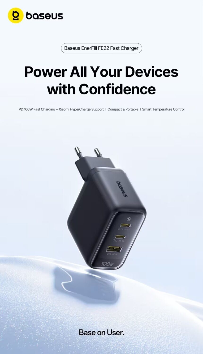 Сетевое зарядное устройство Baseus EnerFill FE22 100W (2Type-C + USB) E0123801 - White. Фото 4 Сетевое зарядное устройство Baseus EnerFill FE22 100W (2Type-C + USB) E0123801 - White (995698W). Фото 4 из 32