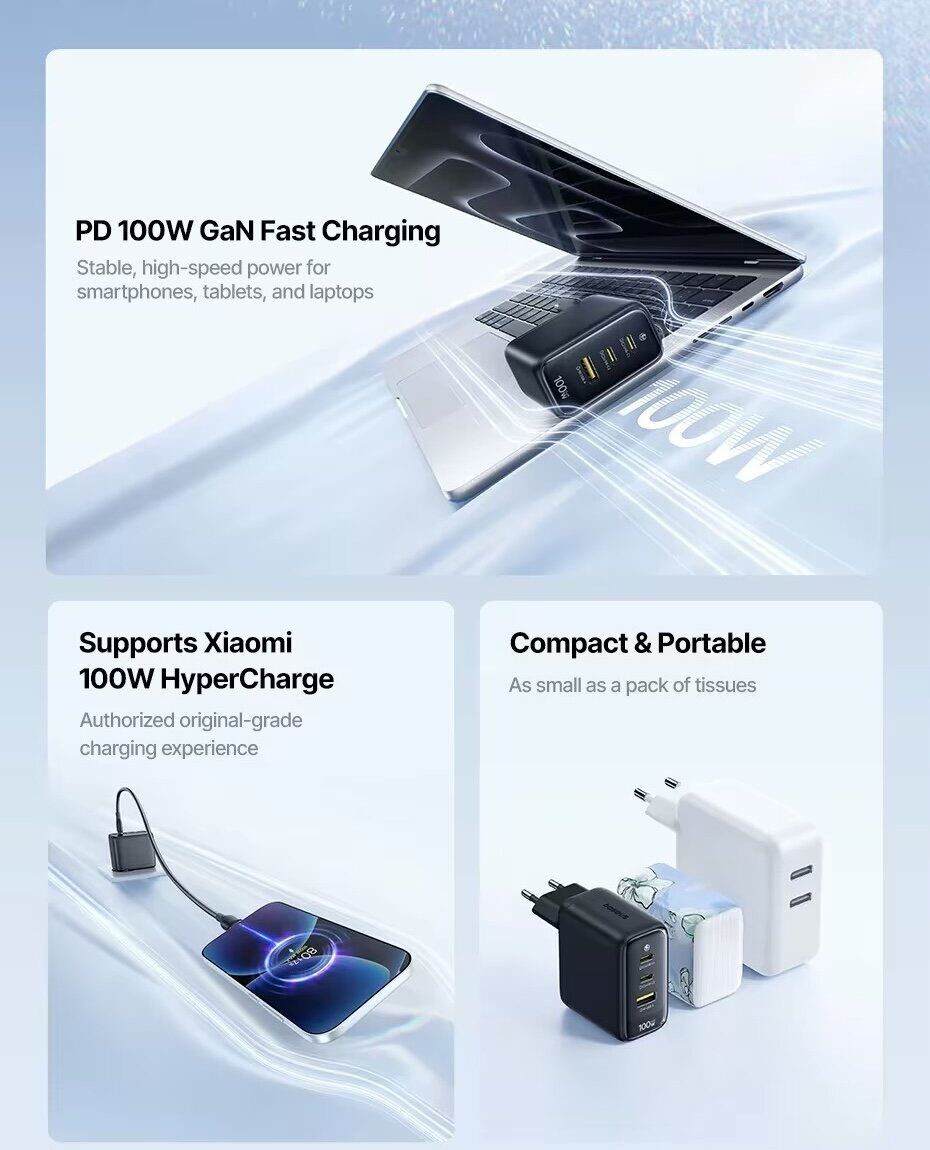 Сетевое зарядное устройство Baseus EnerFill FE22 100W (2Type-C + USB) E0123801 - White. Фото 5 Сетевое зарядное устройство Baseus EnerFill FE22 100W (2Type-C + USB) E0123801 - White (995698W). Фото 5 из 32