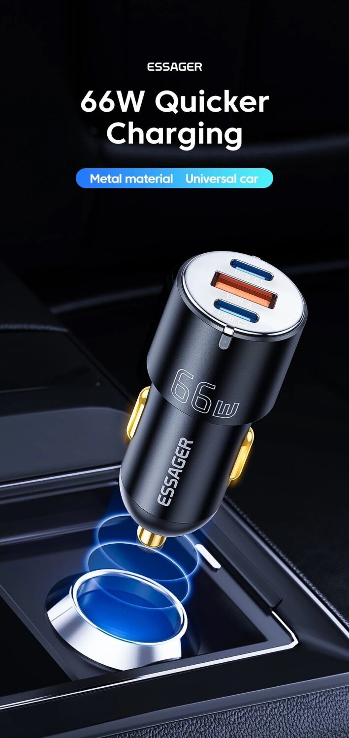 Автомобильное зарядное устройство ESSAGER City Dual 66W (Type-C + USB) ECC2C1A-FF01 - Black. Фото 2 Автомобильное зарядное устройство ESSAGER City Dual 66W (Type-C + USB) ECC2C1A-FF01 - Black (923419B). Фото 2 из 14