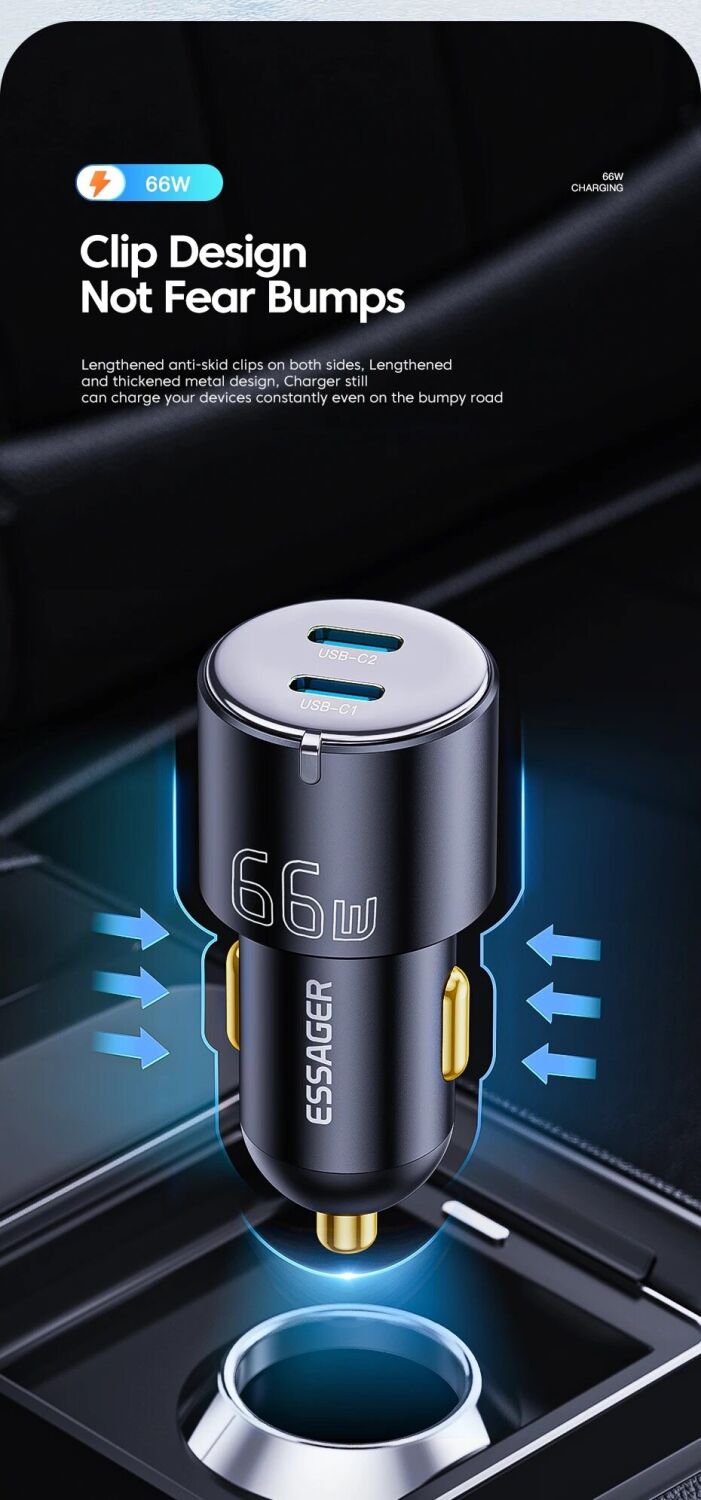Автомобильное зарядное устройство ESSAGER City Dual 66W (Type-C + USB) ECC2C1A-FF01 - Black. Фото 11 Автомобильное зарядное устройство ESSAGER City Dual 66W (Type-C + USB) ECC2C1A-FF01 - Black (923419B). Фото 11 из 14