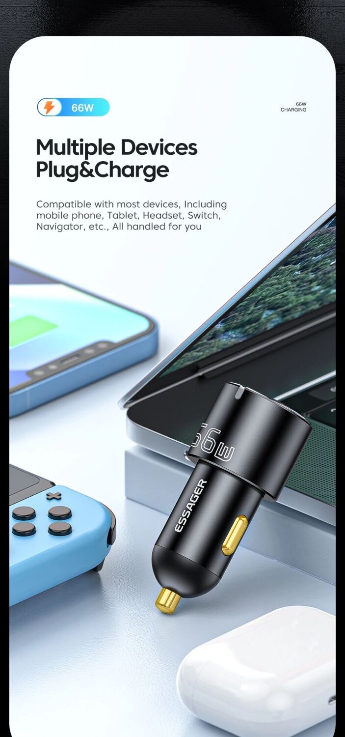 Автомобильное зарядное устройство ESSAGER City Dual 66W (Type-C + USB) ECC2C1A-FF01 - Black. Фото 9 Автомобильное зарядное устройство ESSAGER City Dual 66W (Type-C + USB) ECC2C1A-FF01 - Black (923419B). Фото 9 из 14