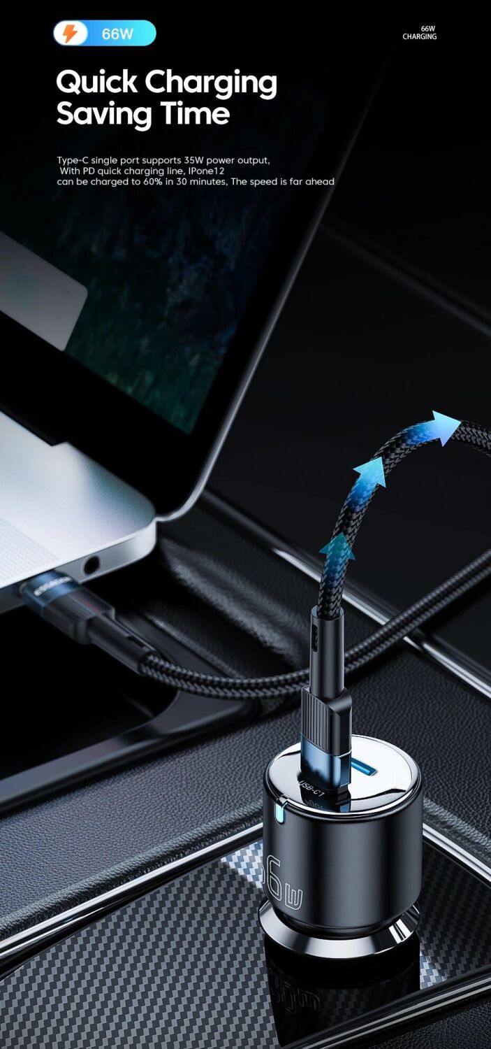 Автомобильное зарядное устройство ESSAGER City Dual 66W (Type-C + USB) ECC2C1A-FF01 - Black. Фото 4 Автомобильное зарядное устройство ESSAGER City Dual 66W (Type-C + USB) ECC2C1A-FF01 - Black (923419B). Фото 4 из 14