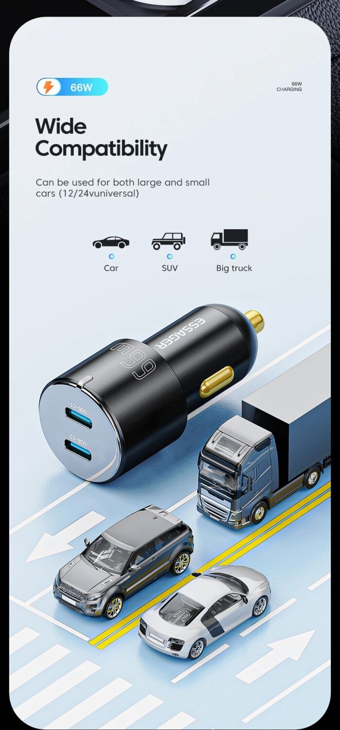 Автомобильное зарядное устройство ESSAGER City Dual 66W (Type-C + USB) ECC2C1A-FF01 - Black. Фото 12 Автомобильное зарядное устройство ESSAGER City Dual 66W (Type-C + USB) ECC2C1A-FF01 - Black (923419B). Фото 12 из 14