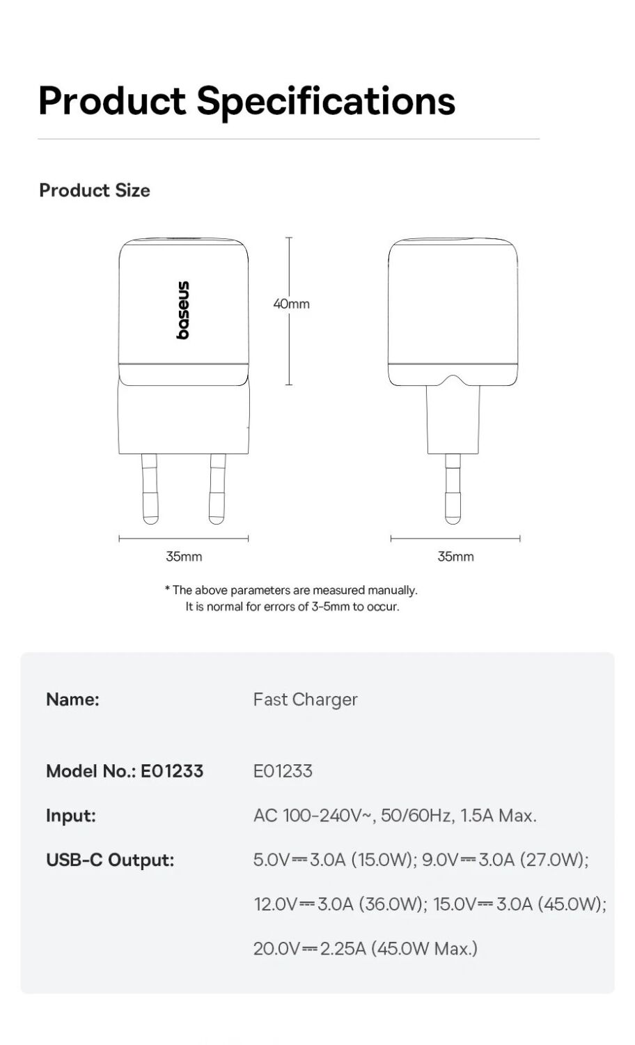 Сетевое зарядное устройство Baseus EnerFill FN22 45W (Type-C) E0123300 - Black. Фото 12 Сетевое зарядное устройство Baseus EnerFill FN22 45W (Type-C) E0123300 - Black (995697B). Фото 12 из 13